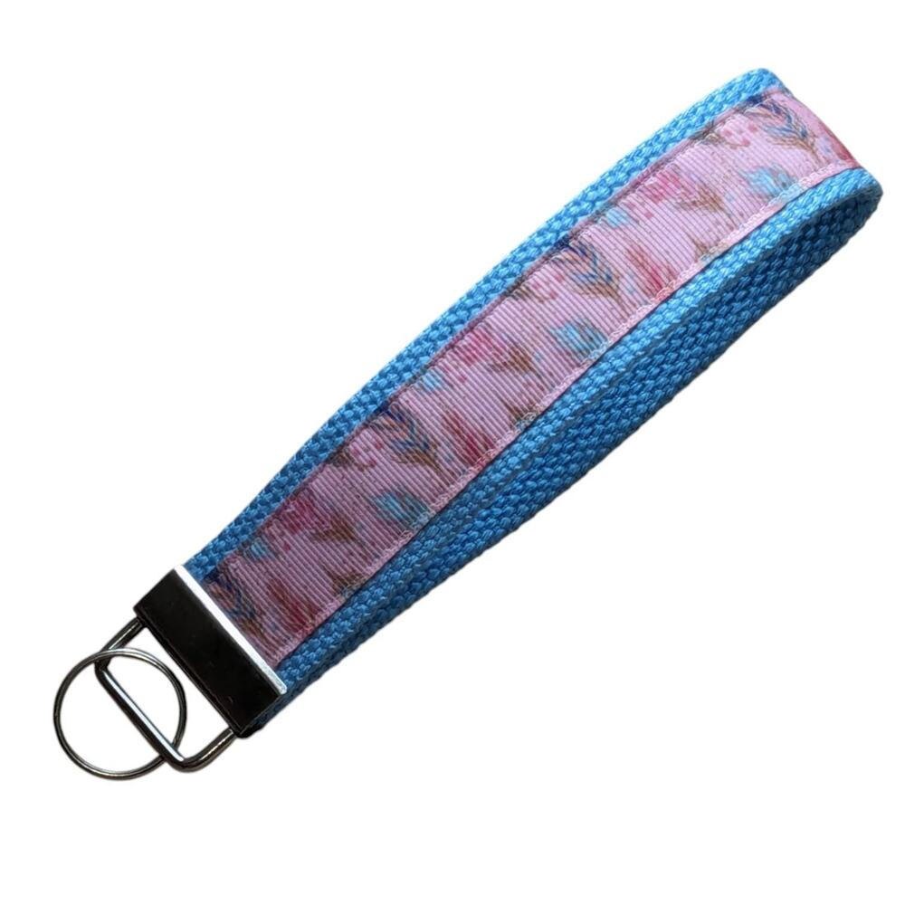 Feather Keychain Wristlet Handmade Boho Fabric Key FOB Sturdy Farmhouse Teal